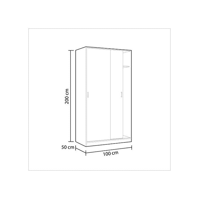 Line drawing of a 100cm wide, 200cm high, 50cm deep two-door sliding wardrobe with Canadian Oak Effect finish.