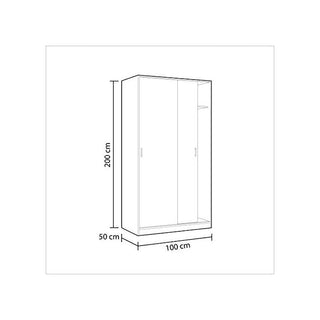 Line drawing of a 100cm wide, 200cm high, 50cm deep two-door sliding wardrobe with Canadian Oak Effect finish.