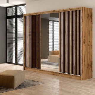 Calvero 250cm 3 door medium oak sliding wardrobe with mirrored centre door