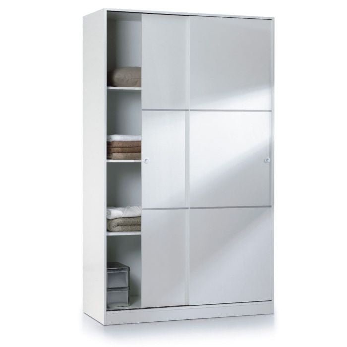 White 2-door sliding door wardrobe with visible internal shelves and storage