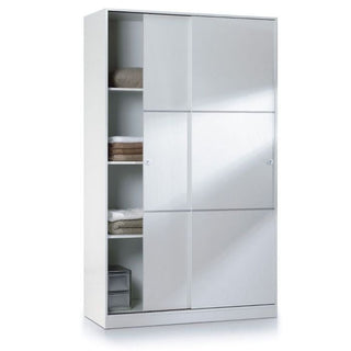 White 2-door sliding door wardrobe with visible internal shelves and storage