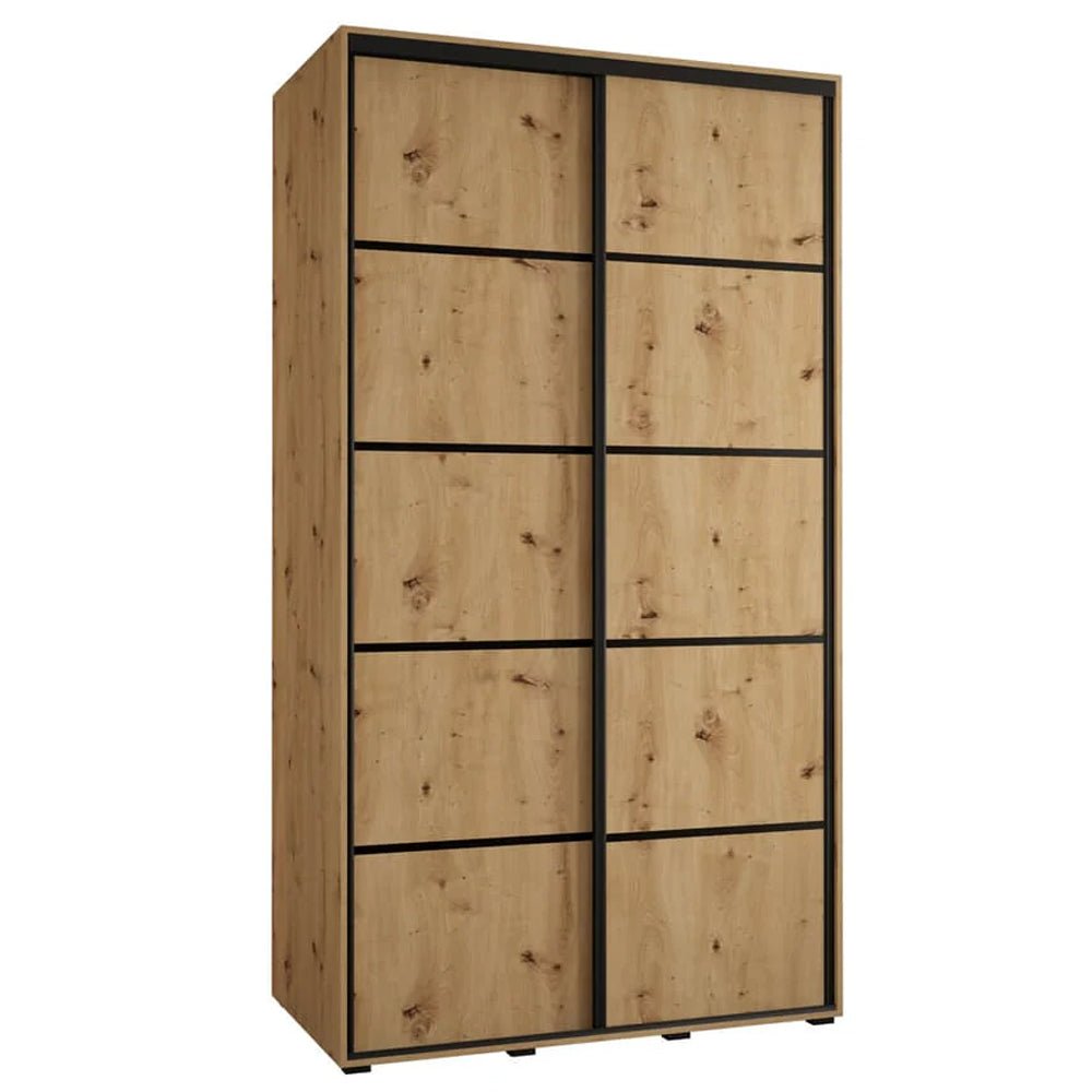 Wooden wardrobe with 2 sliding doors in Artisan Oak finish and black trim.
