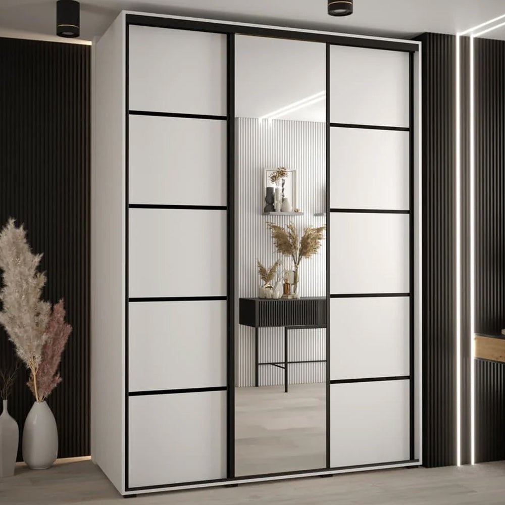 White wooden wardrobe with 3 sliding doors, featuring mirrored panels and black framing.