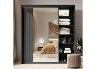 Black frame 2 door sliding wardrobe with one mirrored door and open shelves