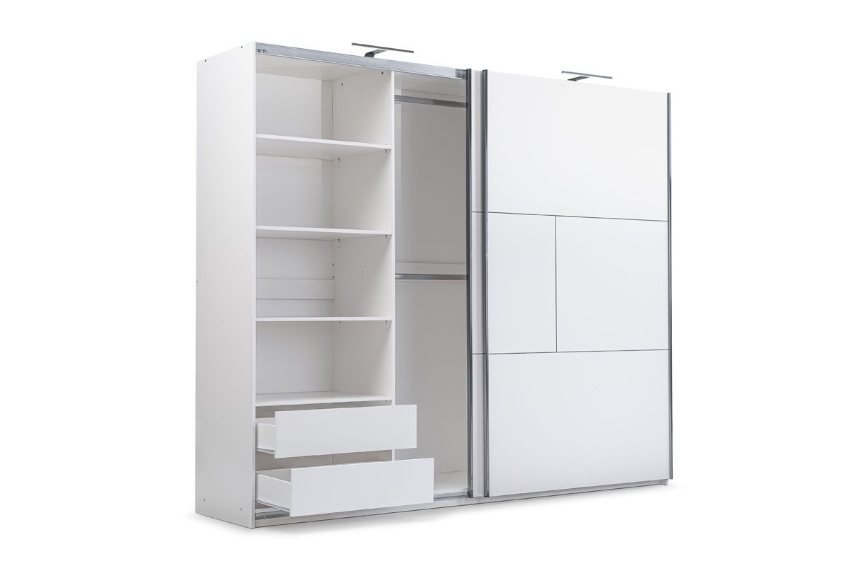 White 2-door sliding wardrobe with open shelves and two visible drawers on the left side.