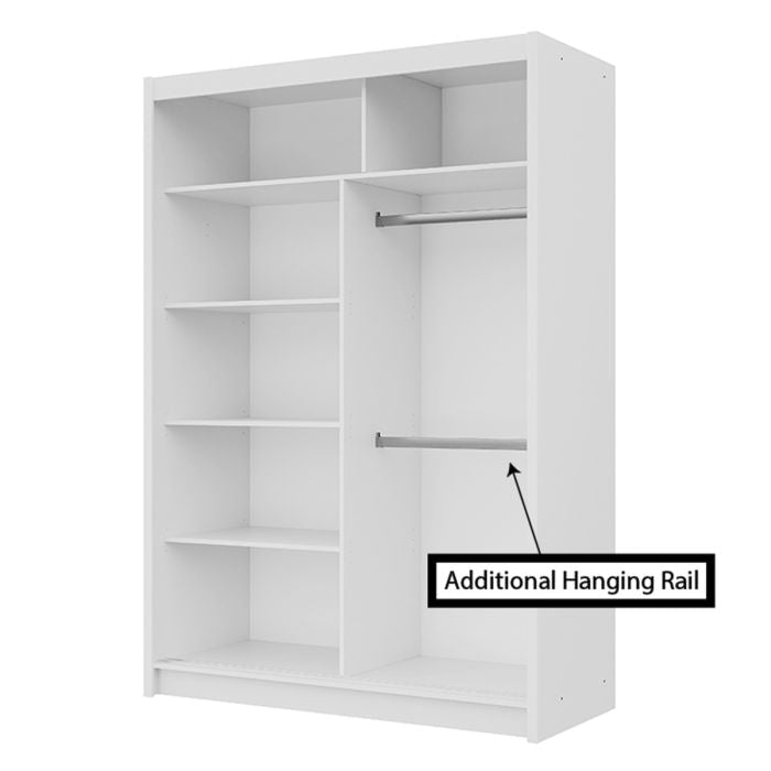 White 150cm sliding wardrobe interior with shelves on the left and two hanging rails on the right.