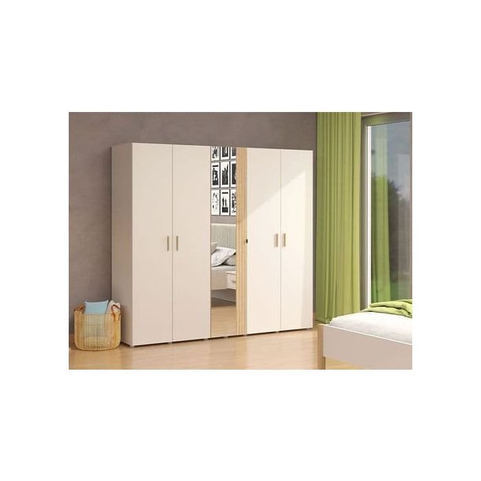 GRANDE 5-door cashmere and artisan oak effect mirrored wardrobe