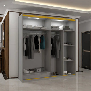 White MODERN SLIDING WARDROBE interior with shelves, hanging rails, and LED lights visible.