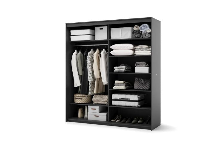 Black sliding wardrobe interior with clothes on hanging rail and shelves stocked with bedding and storage boxes.