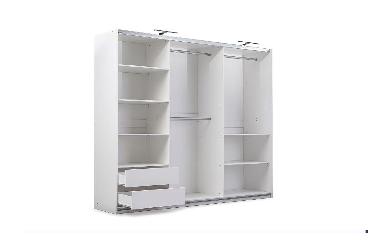 White CASTELLOA 250cm sliding wardrobe interior, showing open drawers, shelves and hanging rails on the left.