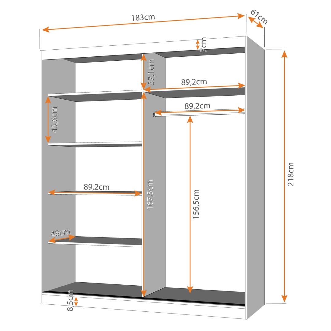 CHOICEWARDROBE Mesa 183cm sliding wardrobe dimension diagram with internal measurements.