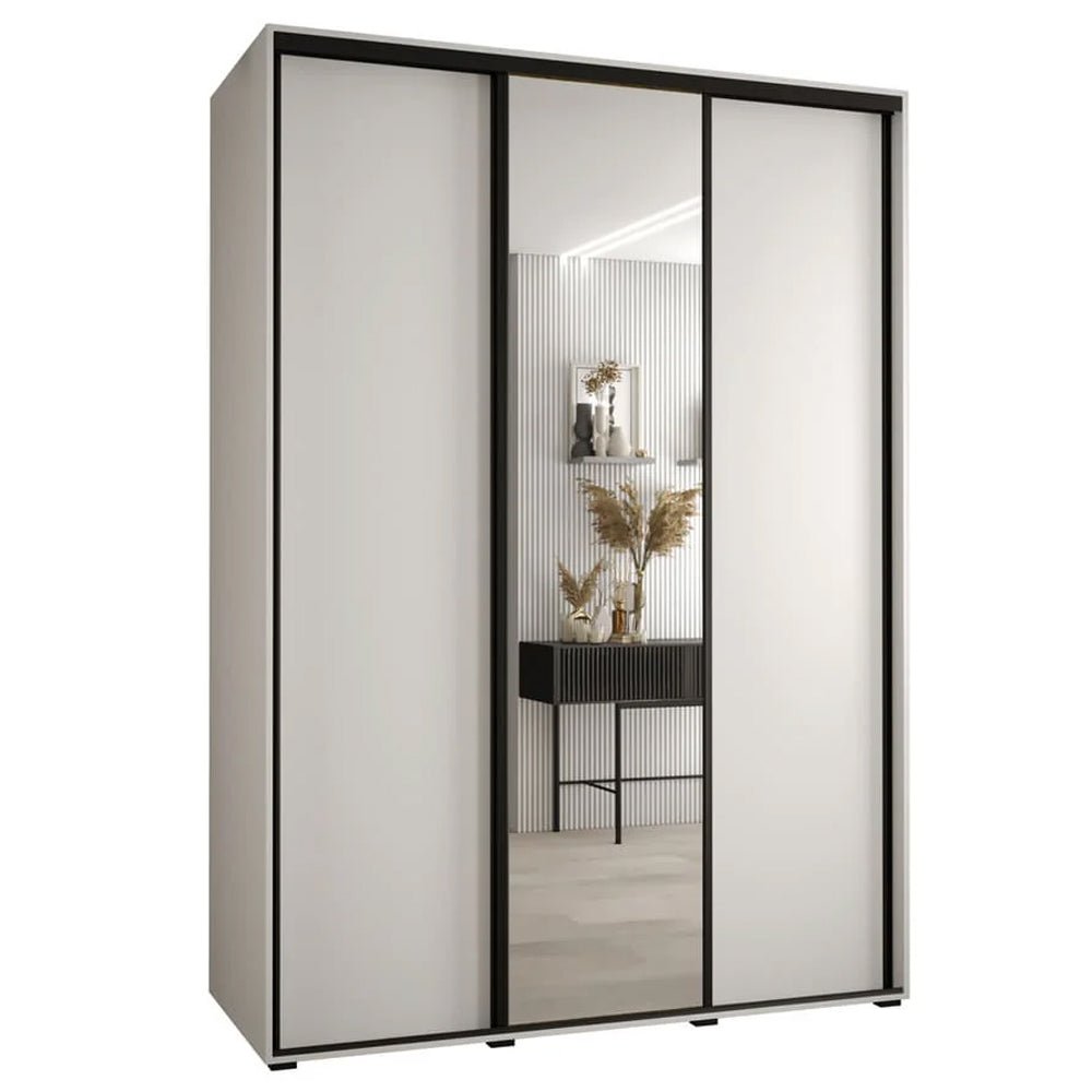 White 3-door sliding wardrobe with black frame and central mirrored door