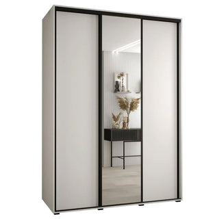 White 3-door sliding wardrobe with black frame and central mirrored door