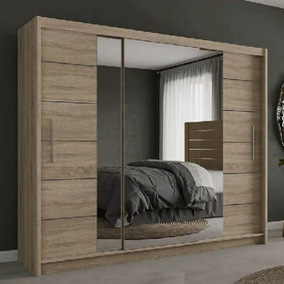 Oak Sonoma 3 door sliding wardrobe with mirrored centre doors