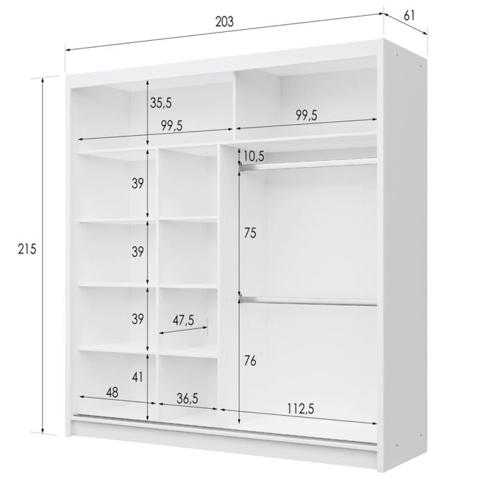 Hampstead 203cm white sliding wardrobe dimensions diagram with internal shelves and hanging rails.