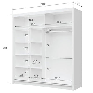 Hampstead 203cm white sliding wardrobe dimensions diagram with internal shelves and hanging rails.