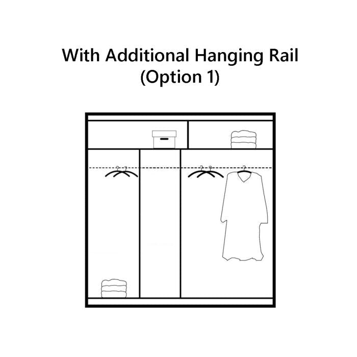 Diagram of the HAMPSTEAD 2 Door Mirrored Wardrobe White 203cm with Option 1: Additional Hanging Rail—shows two hanging sections, dress, folded items on shelves, and extra rail in the left section; ideal for mirrored sliding door wardrobes.