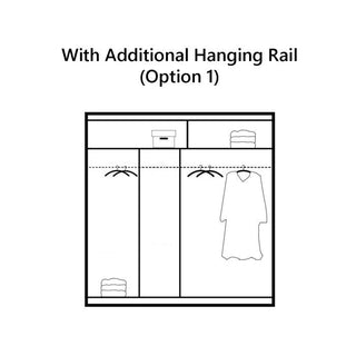 Diagram of the HAMPSTEAD 2 Door Mirrored Wardrobe White 203cm with Option 1: Additional Hanging Rail—shows two hanging sections, dress, folded items on shelves, and extra rail in the left section; ideal for mirrored sliding door wardrobes.