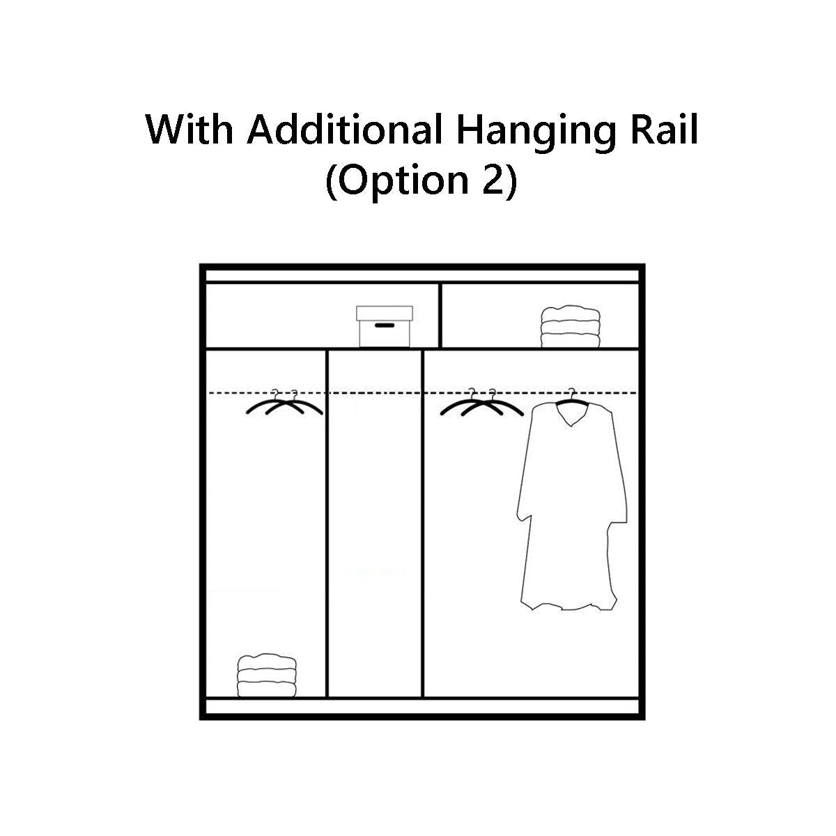 A diagram of the HAMPSTEAD 2 Door Mirrored Wardrobe White 203cm shows two hanging rails, shelves above each with folded clothes, a shirt on the left rail and a dress on the right. Text above: With Additional Hanging Rail (Option 2).