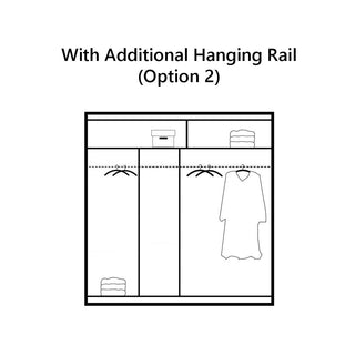 A diagram of the HAMPSTEAD 2 Door Mirrored Wardrobe White 203cm shows two hanging rails, shelves above each with folded clothes, a shirt on the left rail and a dress on the right. Text above: With Additional Hanging Rail (Option 2).