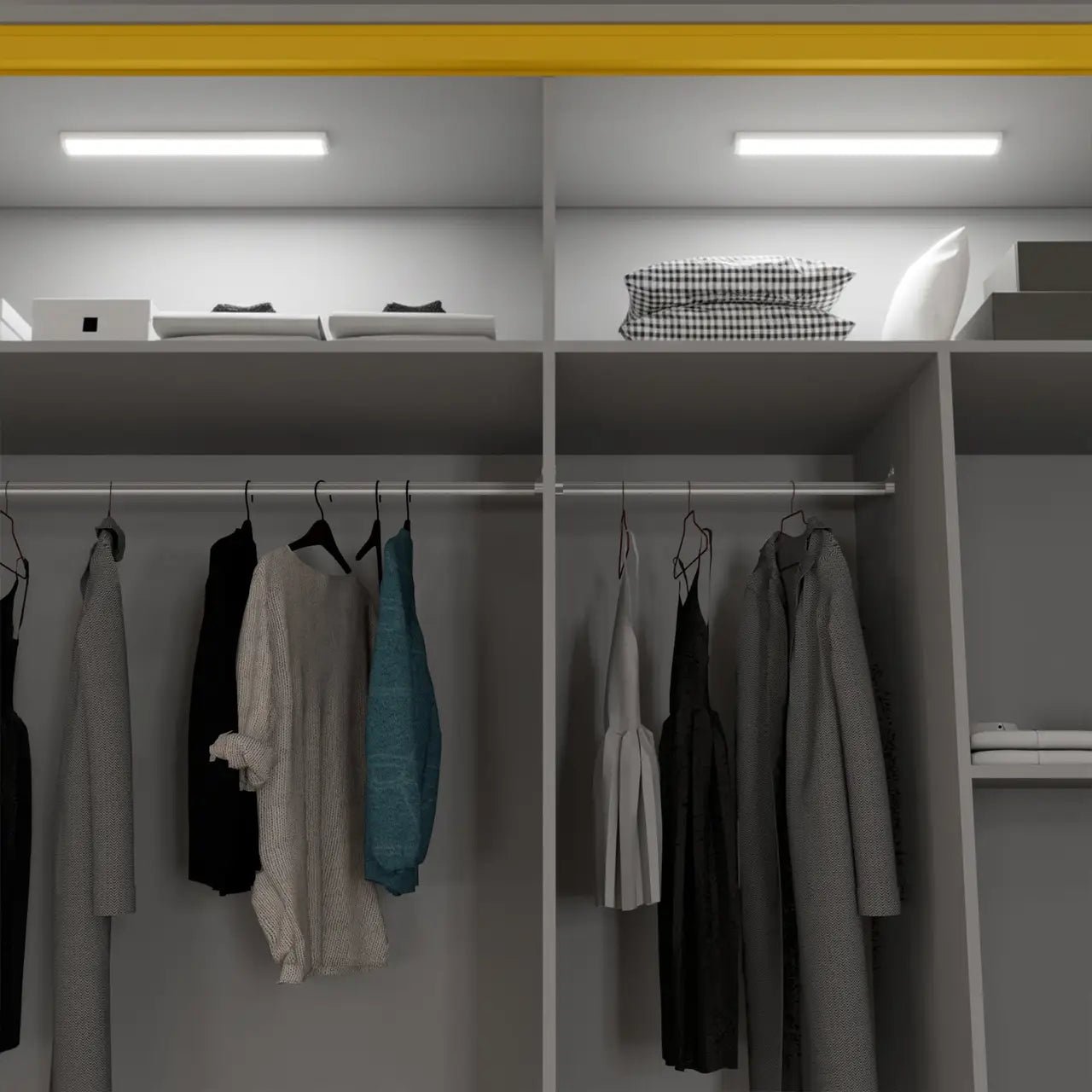 Modern white sliding wardrobe interior with hanging clothes and shelves