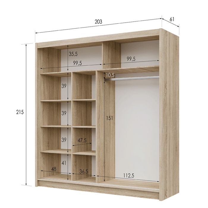 Broadland 203cm sliding wardrobe in Sonoma finish with mirrored door, showing shelves and hanging rail.