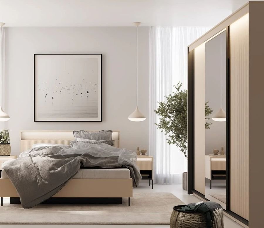 Beige and black ALPHA SLIDING 3 DOOR WARDROBE with a mirrored door