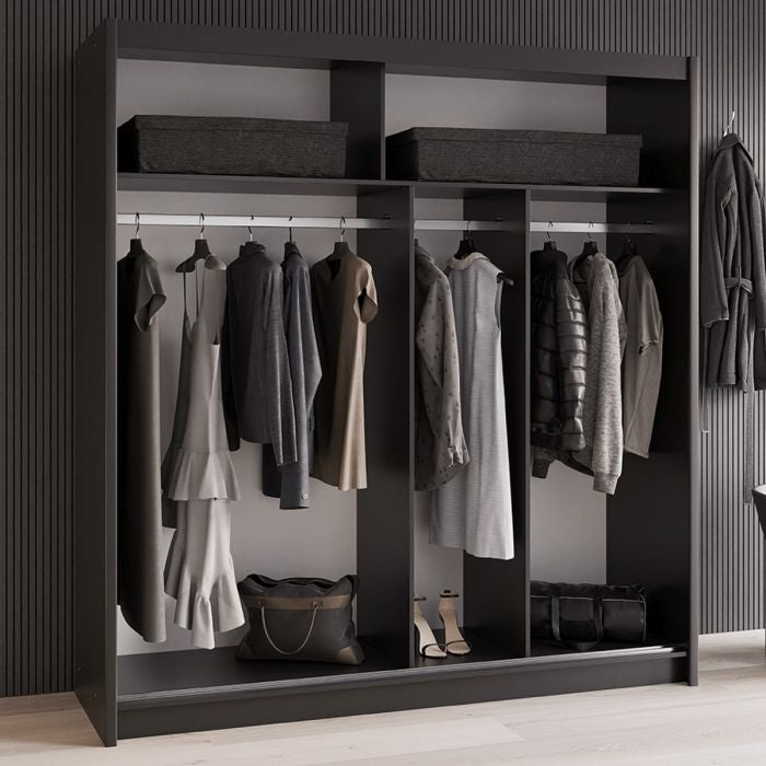 Broadland 203cm black sliding wardrobe with clothes inside and storage boxes