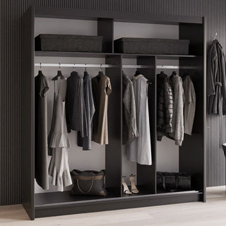 Broadland 203cm black sliding wardrobe with clothes inside and storage boxes