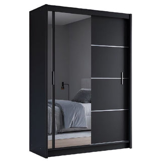 Black sliding door wardrobe with one mirrored door and silver decorative lines