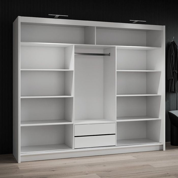 White 2-door sliding wardrobe interior with shelves, hanging rail, and two drawers