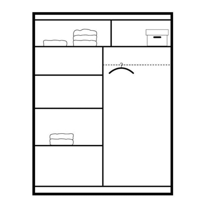Line drawing of a two-door sliding wardrobe, one mirrored door, internal view with shelves and hanging rail.