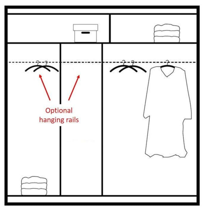 Diagram of the Sliding Wardrobe - HIGHLAND 2 Door Mirrored Wardrobe White 203cm interior, showing shelves with folded clothes, a box, and hanging rails. Red arrows highlight two optional rails on the left and a long garment on the right.