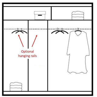 Diagram of the Sliding Wardrobe - HIGHLAND 2 Door Mirrored Wardrobe White 203cm interior, showing shelves with folded clothes, a box, and hanging rails. Red arrows highlight two optional rails on the left and a long garment on the right.