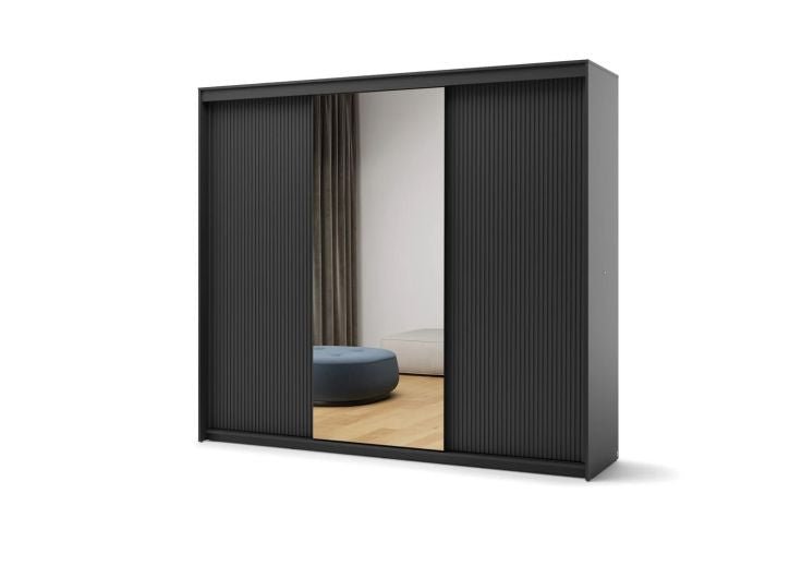 ALPHA SLIDING 3 DOOR WARDROBE BLACK 250cm with mirrored door