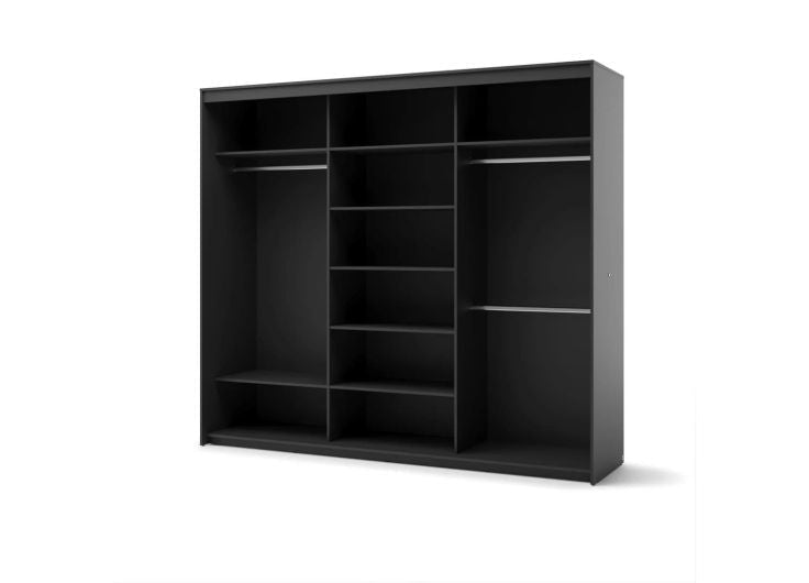 Black three-door wardrobe interior with shelves and hanging rails