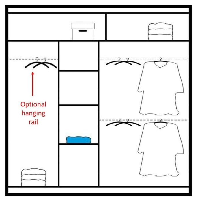 Diagram of the Sliding Wardrobe - HIGHLAND 2 Door Mirrored Wardrobe White 203cm, showing shelves, folded clothes, two shirts on hangers, a box on the top shelf, and an optional hanging rail—perfect for modular storage.