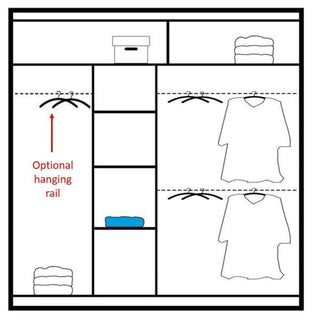 Diagram of the Sliding Wardrobe - HIGHLAND 2 Door Mirrored Wardrobe White 203cm, showing shelves, folded clothes, two shirts on hangers, a box on the top shelf, and an optional hanging rail—perfect for modular storage.