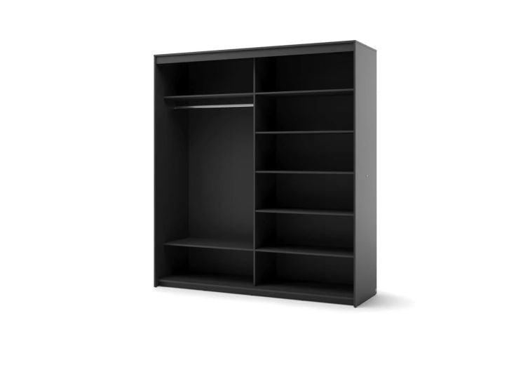 ALPHA Sliding 2 Door Wardrobe Black 200cm interior view with hanging rail and shelves