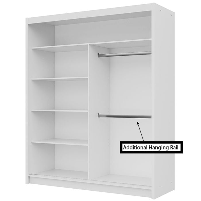White sliding wardrobe interior with shelves and hanging rails, showing an additional hanging rail.