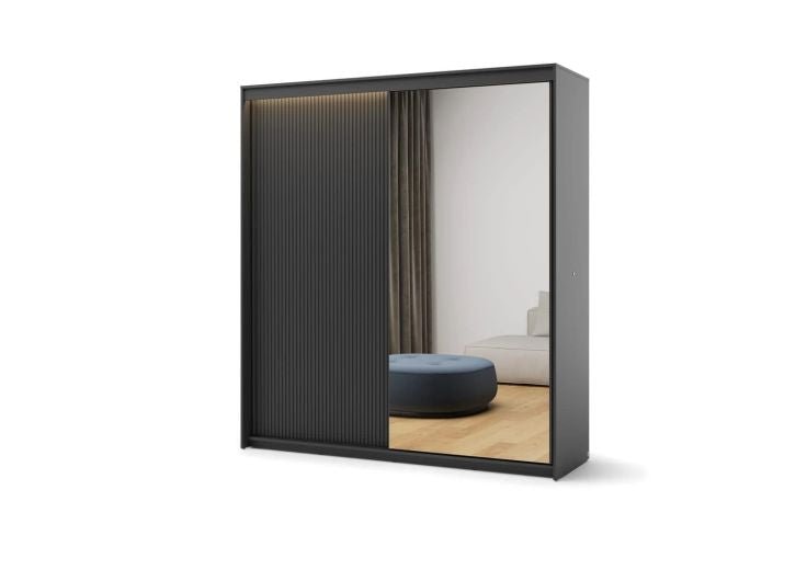 ALPHA SLIDING 2 DOOR WARDROBE BLACK 200CM with slatted and mirrored doors