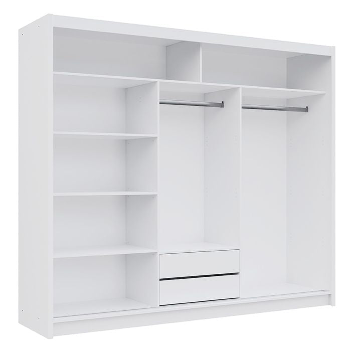 White 3-door sliding wardrobe with open shelves, hanging rail and two drawers