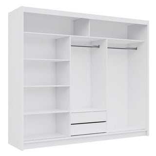 White 3-door sliding wardrobe with open shelves, hanging rail and two drawers