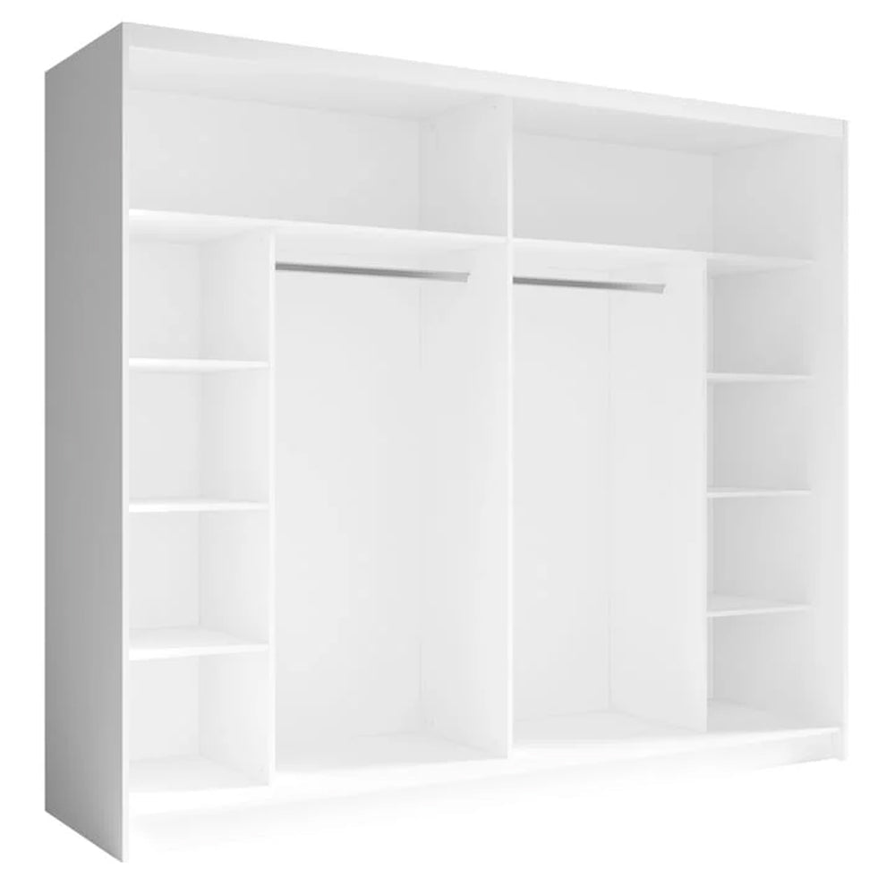 White 2-door mirrored wardrobe with internal shelving and rails