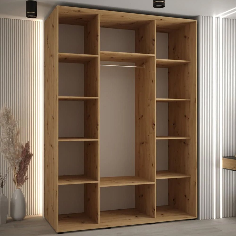 Wooden wardrobe with open shelves and central hanging rail section in Artisan Oak effect finish