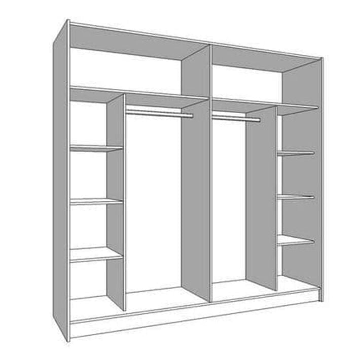 Line drawing of VICTORIA 220cm grey wardrobe interior layout with shelves and hanging rails