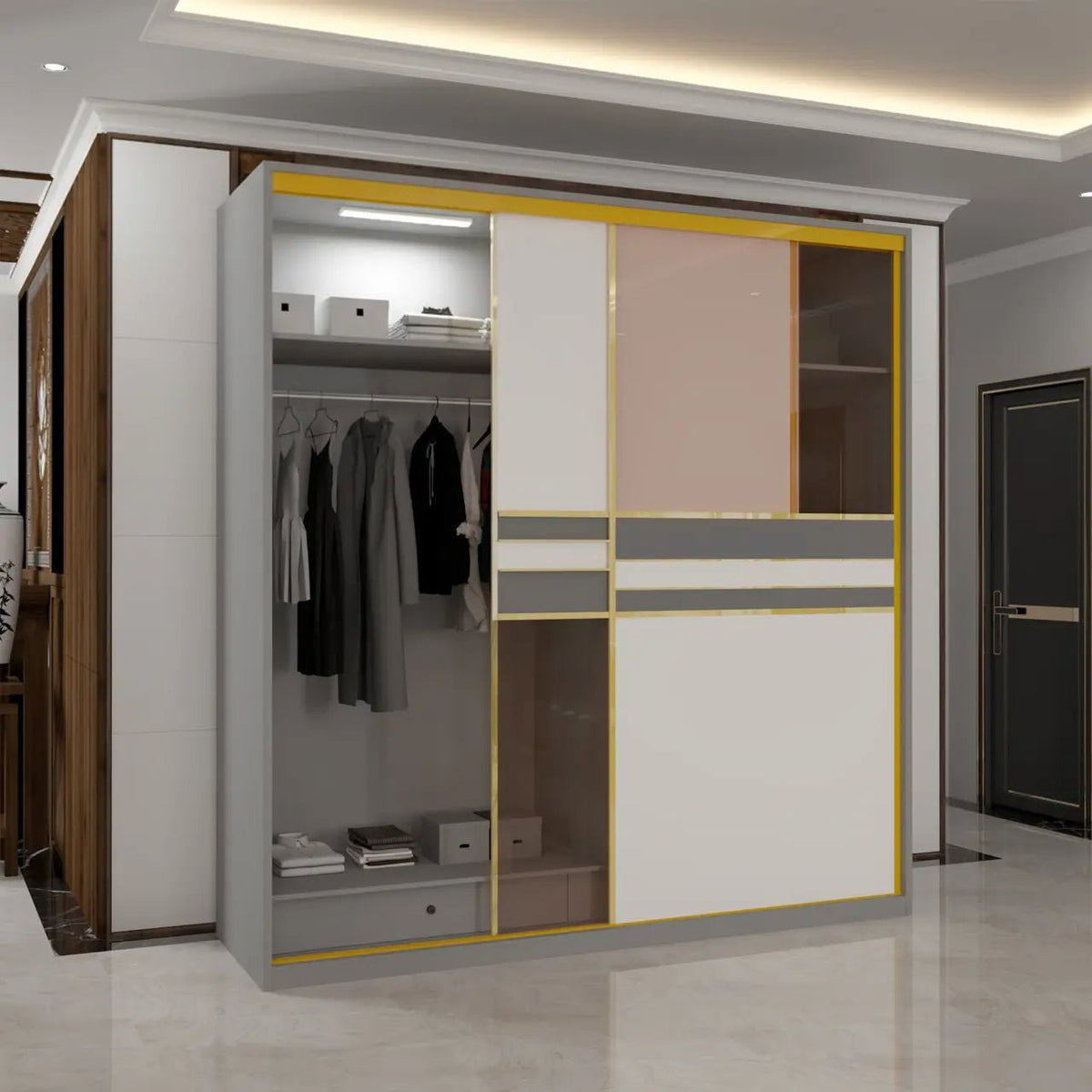 Modern white and grey sliding wardrobe with gold trim and LED lights