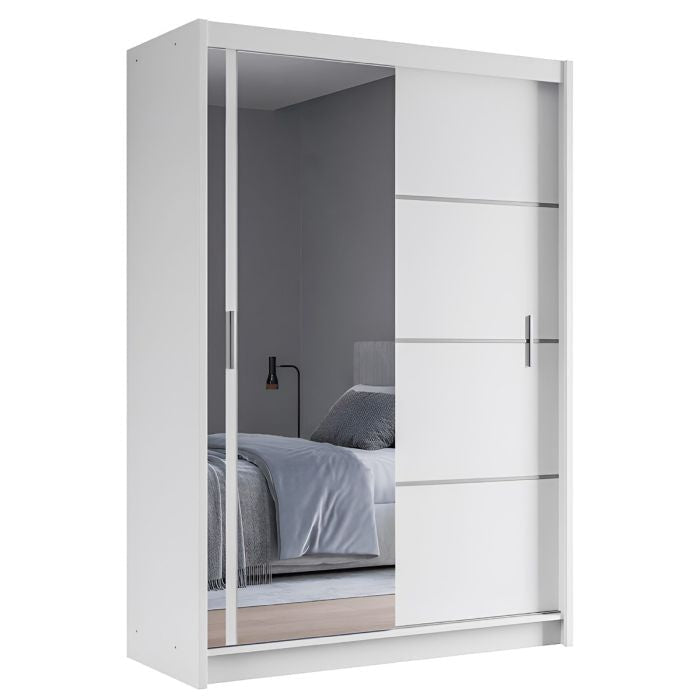 White 2 door sliding wardrobe with a large mirrored door