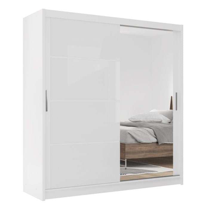 White 2-door sliding wardrobe with a full mirrored door, reflecting a bedroom scene.
