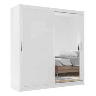 White 2-door sliding wardrobe with a full mirrored door, reflecting a bedroom scene.